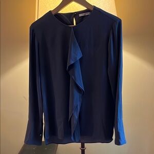 MM Lafleur Blue Ruffled Mandarin Collar Blouse